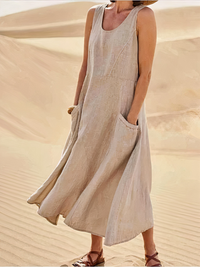 Damen luftiges Sommerkleid mit Taschen | Midi in Khaki
