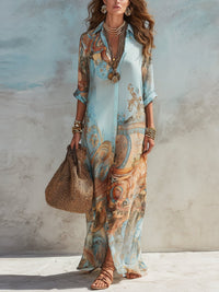 Elisabeth | Damen Midi Dress Langarm Hemdkleid mit Paisley-Print in Hellblau
