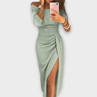 Nora | Damen Off-Shoulder Cocktail Party Dress figurbetontes Midi-Kleid mit Schlitz in Minze