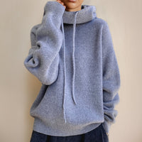 Elfriede | Damen Oversize Strick-Turtleneck Sweater mit Kapuze und Kordelzug in Grau