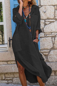 Sophie | Damen Oversized Linen Midi-Sommerkleid V-Ausschnitt in Schwarz