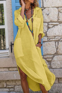 Sophie | Damen Oversized Linen Midi-Sommerkleid V-Ausschnitt in Gelb