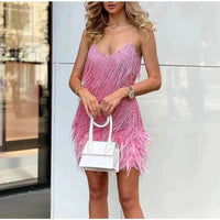 Johanna | Damen Pailletten-Fransen Cocktailkleid mit Federbesatz Mini in Rosa