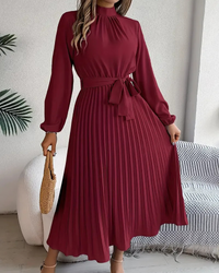 Damen plissiertes Kleid mit langen Ärmeln | Midi in Burgundisch