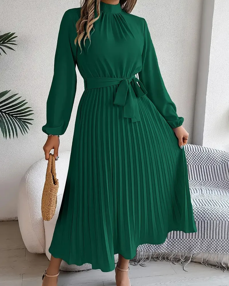 Damen plissiertes Kleid mit langen Ärmeln | Midi