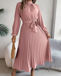Damen plissiertes Kleid mit langen Ärmeln | Midi in Rosa