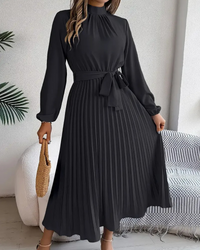Damen plissiertes Kleid mit langen Ärmeln | Midi in Schwarz
