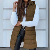 Frieda | Damen Puffer Weste mit Kapuze Ärmellose Lange Steppweste in Khaki
