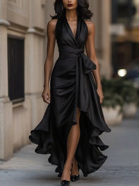 Lena | Damen Satin Halterneck Cocktail Party Dress Wickelschnitt High-Low-Saum in Schwarz