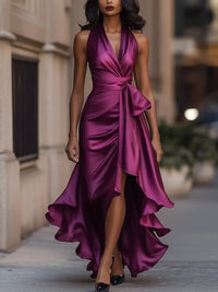 Lena | Damen Satin Halterneck Cocktail Party Dress Wickelschnitt High-Low-Saum in Fuchsia