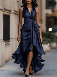 Lena | Damen Satin Halterneck Cocktail Party Dress Wickelschnitt High-Low-Saum in Marineblau