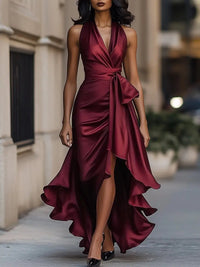Lena | Damen Satin Halterneck Cocktail Party Dress Wickelschnitt High-Low-Saum in Burgunder