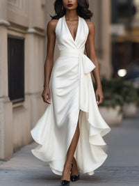 Lena | Damen Satin Halterneck Cocktail Party Dress Wickelschnitt High-Low-Saum in Weiß