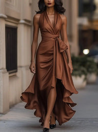 Lena | Damen Satin Halterneck Cocktail Party Dress Wickelschnitt High-Low-Saum in Braun