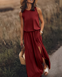 Heike | Damen Elegant Ärmelloses Kleid | Lang in Burgund