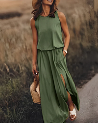 Heike | Damen Elegant Ärmelloses Kleid | Lang in Dunkelgrün
