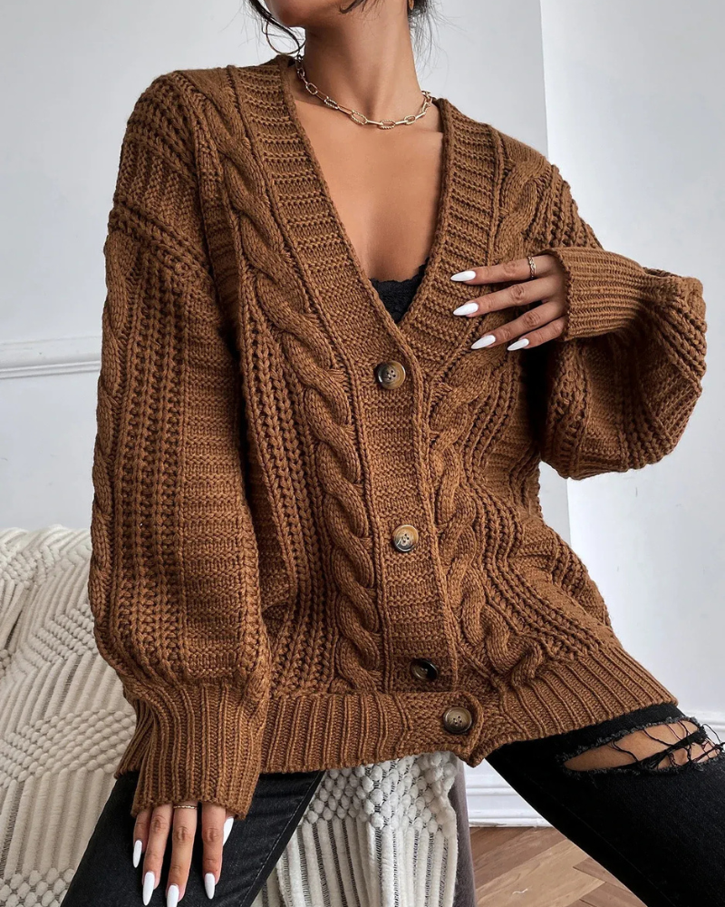 Damen stylischer Zopfstrick-Cardigan | Lang