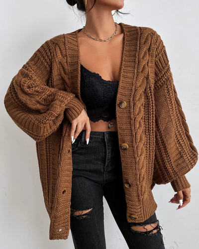 Damen stylischer Zopfstrick-Cardigan | Lang