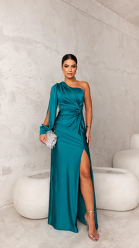 Damen stylisches One-Shoulder-Kleid für Hochzeitsgäste | Maxi in Türkis