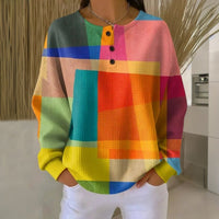 Lena | Damen Sweatshirt Buntes Waffelstrick-Pullover Rundhals Knopfleiste in Mehrfarbig