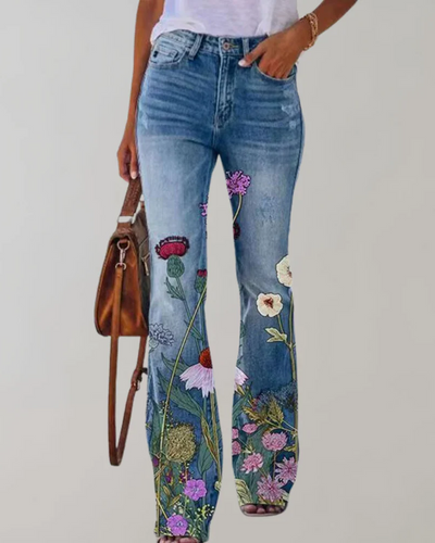 Damen Vintage Schlag-Jeans mit Blumenmuster | Sommer