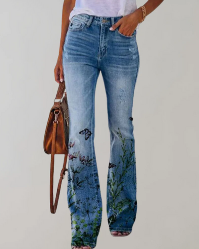 Damen Vintage Schlag-Jeans mit Blumenmuster | Sommer