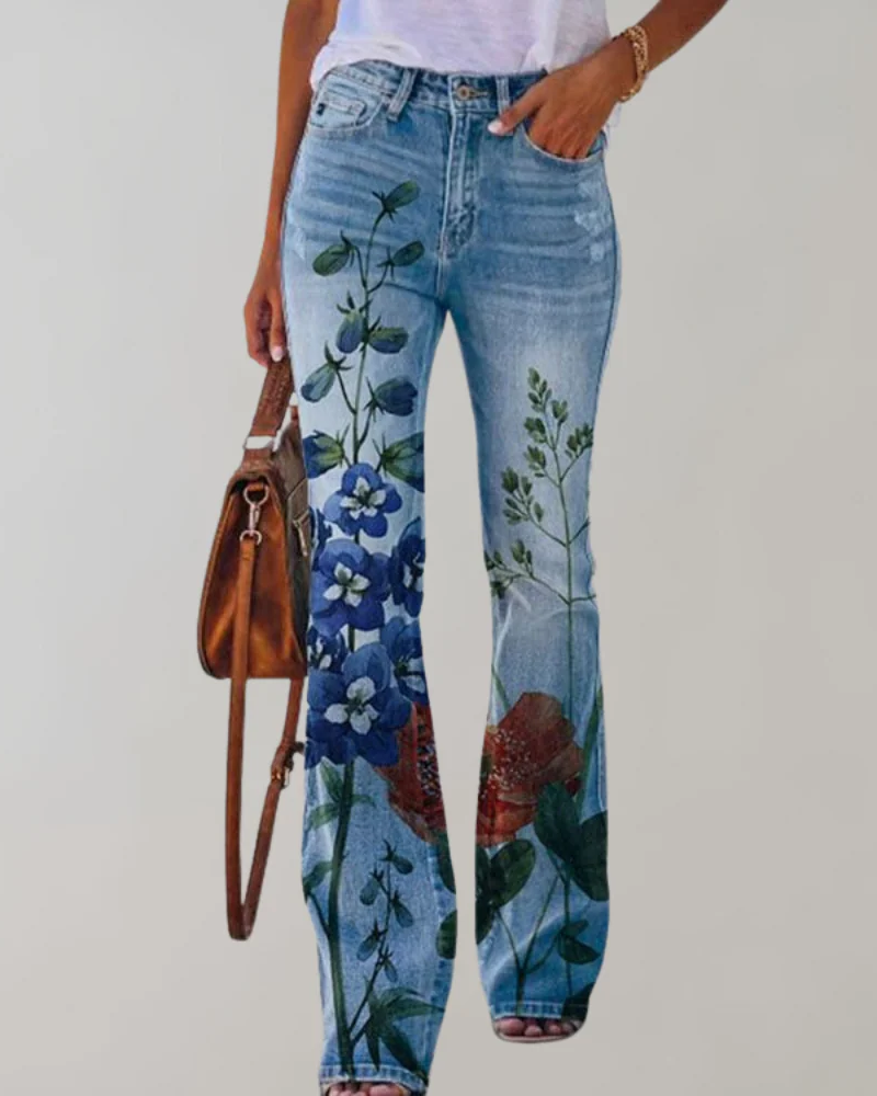 Damen Vintage Schlag-Jeans mit Blumenmuster | Sommer
