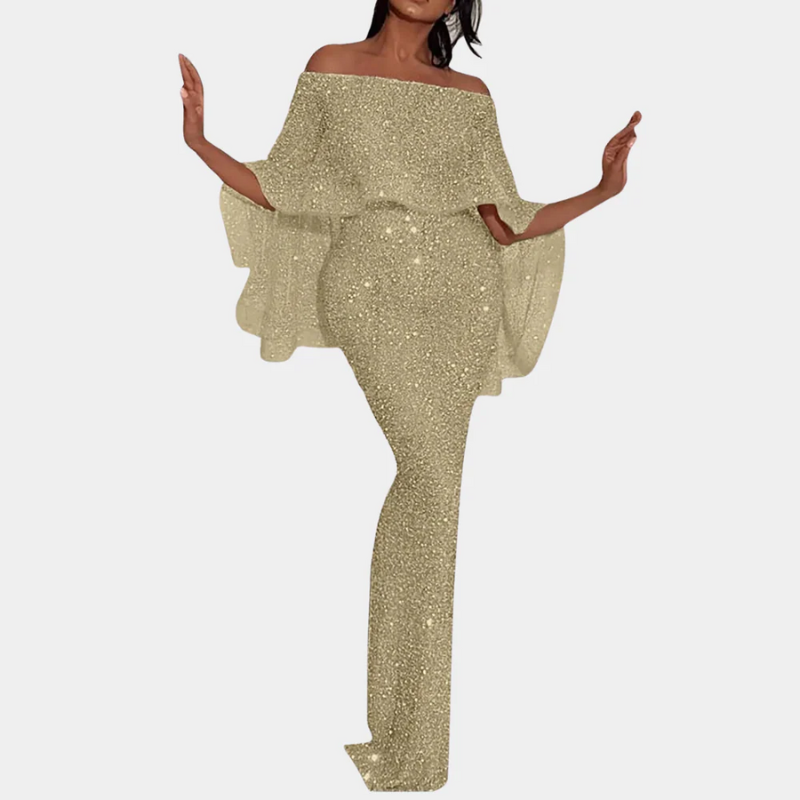 Damen Vintage schulterfreies Paillettenkleid | Maxi