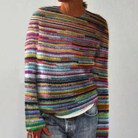 Grobstrickpullover Damen Gestreift | Rundhals mit Langen Ärmeln in Mehrfarbig