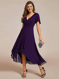 Damen Sommer Asymmetrisch Hochzeitsgast Midikleid in Lila