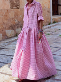 Lässiges langärmeliges Hemd aus Baumwolle, kariert, Swingkleid in Rosa