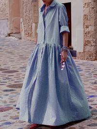 Lässiges langärmeliges Hemd aus Baumwolle, kariert, Swingkleid in Blau