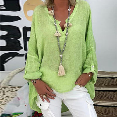 Damen Leinenbluse mit langen Ärmeln und V-Ausschnitt