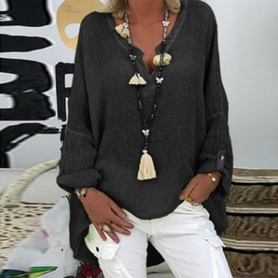 Damen Leinenbluse mit langen Ärmeln und V-Ausschnitt