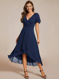 Damen Sommer Asymmetrisch Hochzeitsgast Midikleid in Dunkelblau