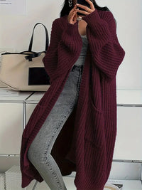Noa - Langer gestrickter Winter-Cardigan in Weinrot