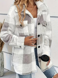 Damen-Freizeitjacke aus Fleece | Karomuster mit Knopfleiste vorne in Grau