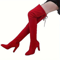 Overknee Stiefel Damen | Blockabsatz mit Rückenschnürung in Rot