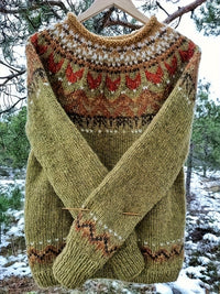 Norweger Grobstrickpullover Damen | Strickmuster Mit Langem Ärmel in Grün