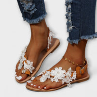 Boho - Bequeme Sandalen mit Blumen & Knöchelriemen in Weiß Blumen
