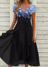 Josephine | Damen Elegante V-Ausschnitt Kleid | Abendkleid in Blau Schwarz