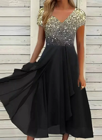Josephine | Damen Elegante V-Ausschnitt Kleid | Abendkleid in Gold Schwarz