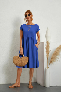 Elegantes Damen Sommerkleid mit Tasche | Midi in Blau