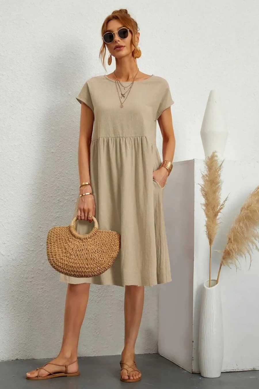 Elegantes Damen Sommerkleid mit Tasche | Midi