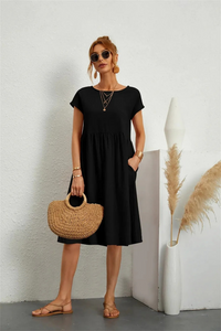 Elegantes Damen Sommerkleid mit Tasche | Midi in Schwarz