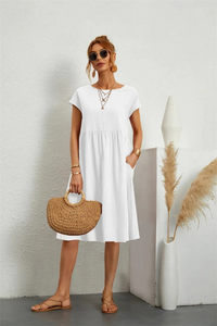 Elegantes Damen Sommerkleid mit Tasche | Midi in Weiß