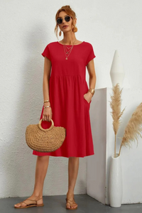 Elegantes Damen Sommerkleid mit Tasche | Midi in Orangerot