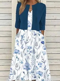 Elise | Zweiteiliges Blumen Midikleid in Dunkelblau