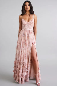 Ella | Damen Romantisches Beinschlitz Blumen Maxikleid in Rosa