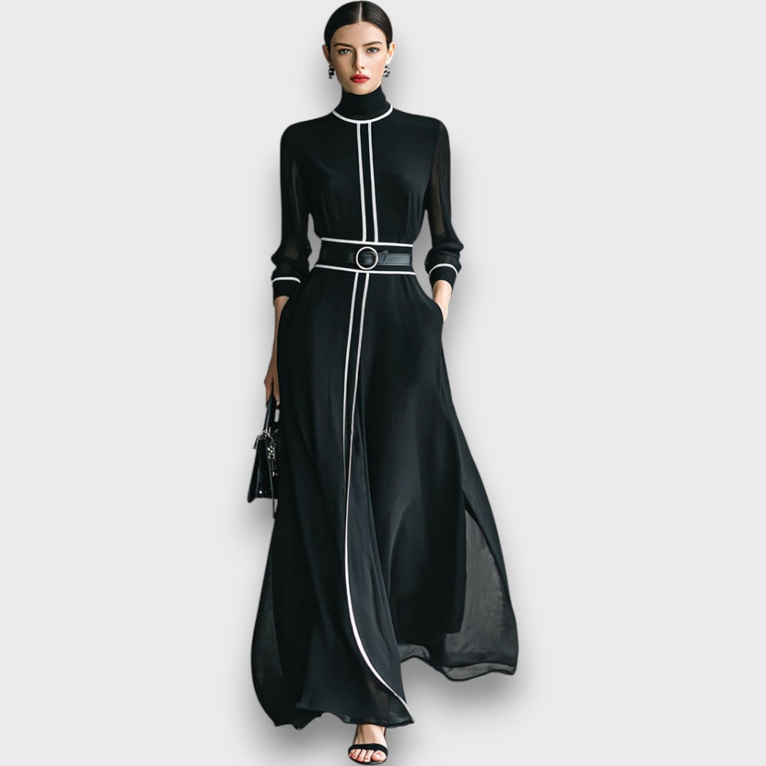 Elyra – Chiffon-Maxikleid mit hohem Kragen